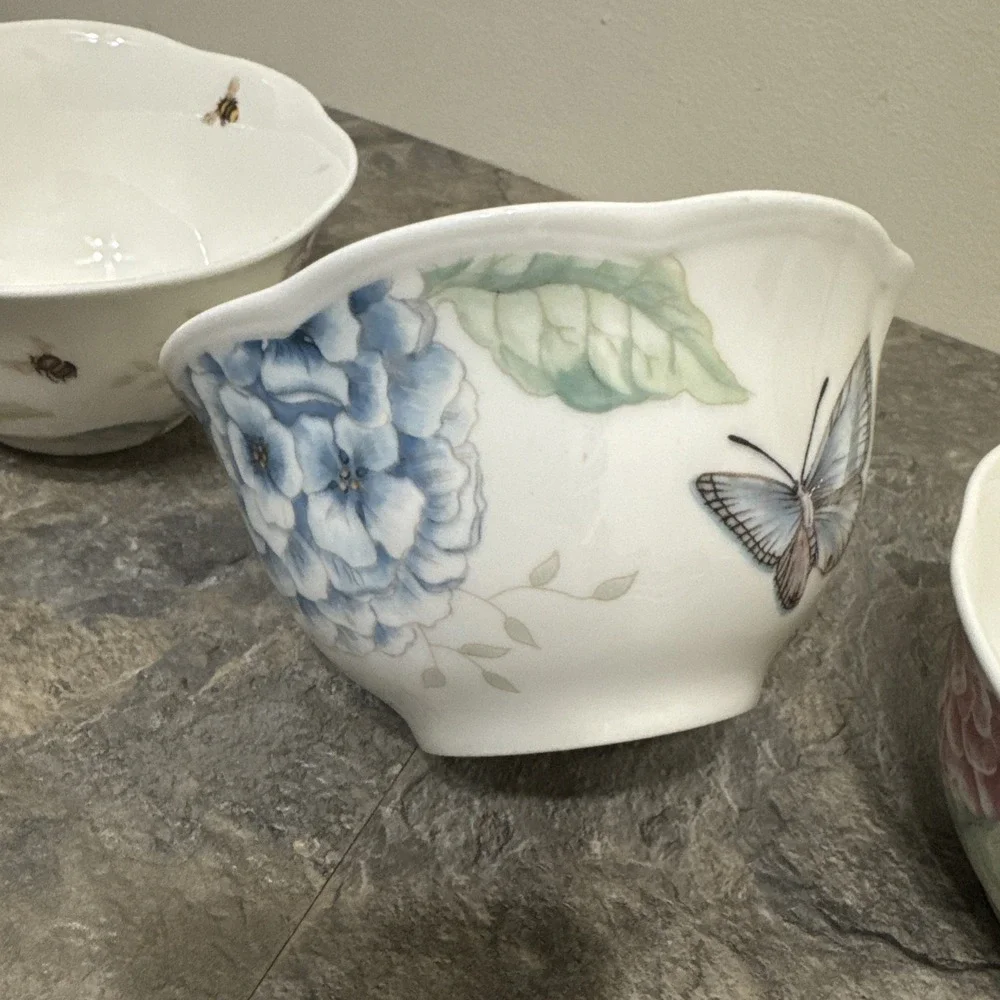 3 LENOX Butterfly Meadow Hydrangea Rice Bowl Scalloped Edge Bowls Spring EUC